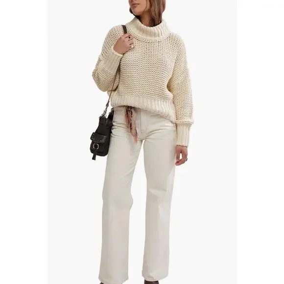 Free People Chunky Knit Cream My Only Sunshine Pullover Mockneck Sweater Preppy - Picture 2 of 16